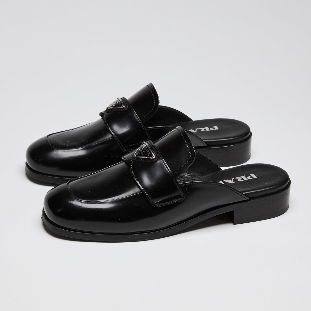 Prada Black Brushed Leather Logo Mules Size 36