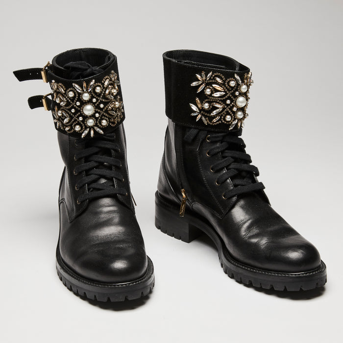 Rene Caovilla Black Leather Combat Boots with Embellished Ankle Detail, Size 40