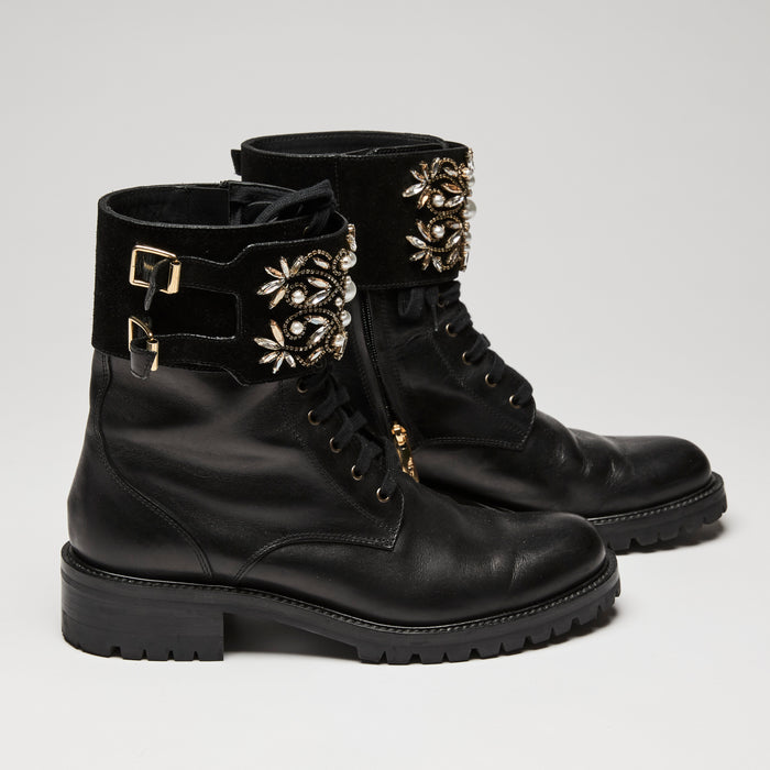 Rene Caovilla Black Leather Combat Boots with Embellished Ankle Detail, Size 40