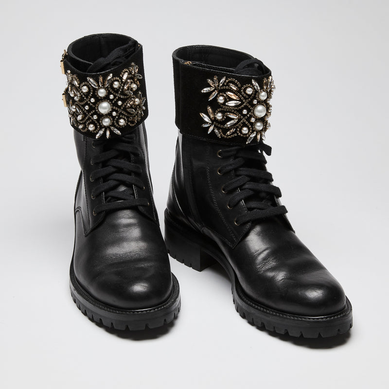 Rene Caovilla Black Leather Biker Boots with Embellished Band Size 40