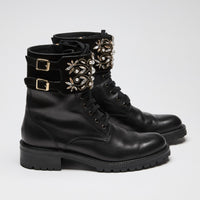 Rene Caovilla Black Leather Biker Boots with Embellished Band Size 40