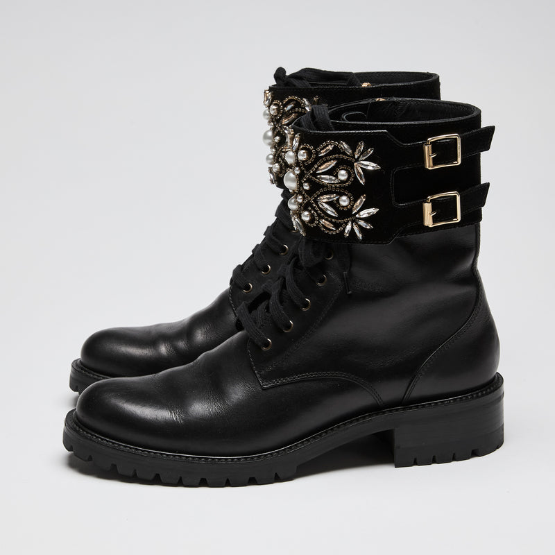 Rene Caovilla Black Leather Biker Boots with Embellished Band Size 40