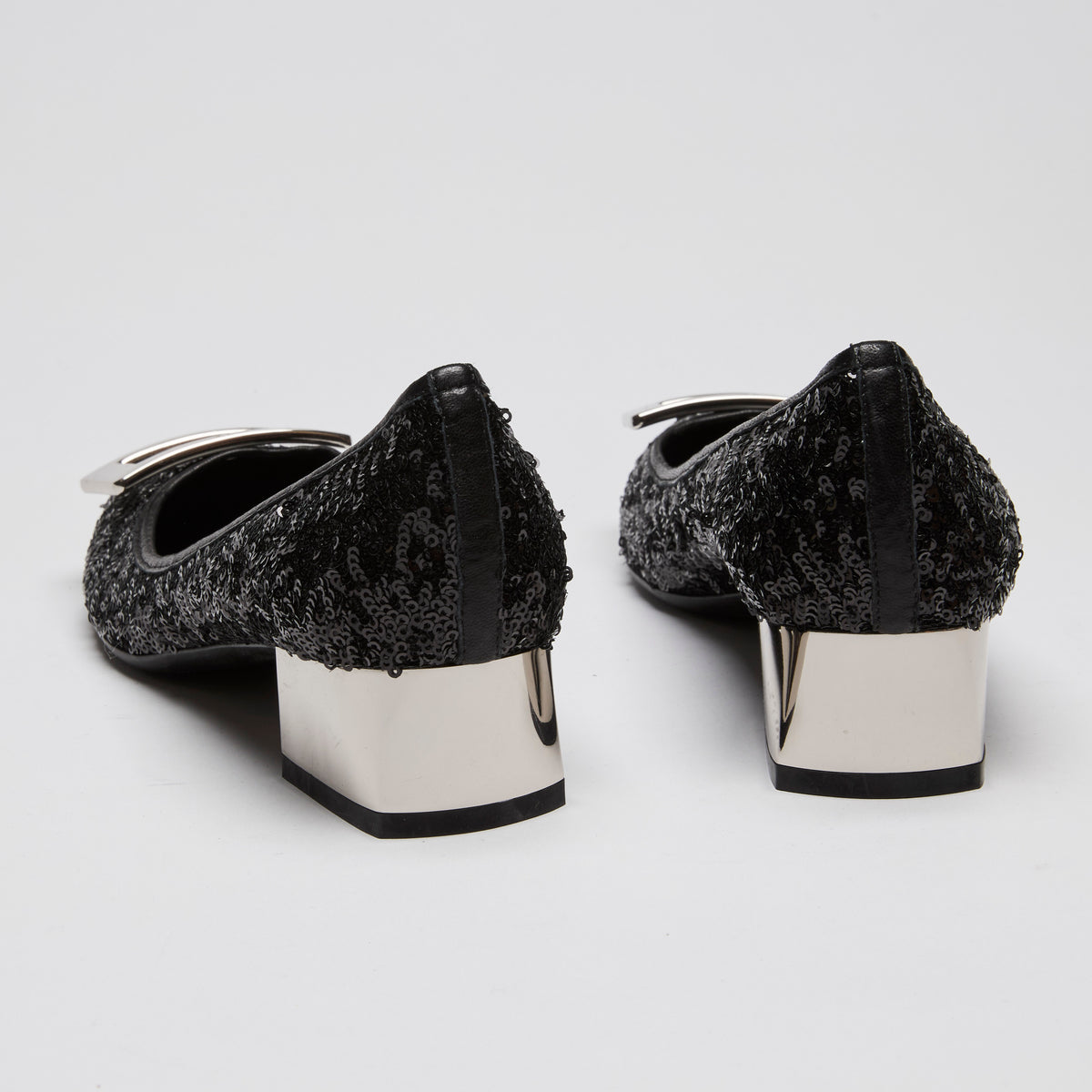 Roger Vivier Black Sequin Kitten Block Heels with Silver Buckle Size 38.5