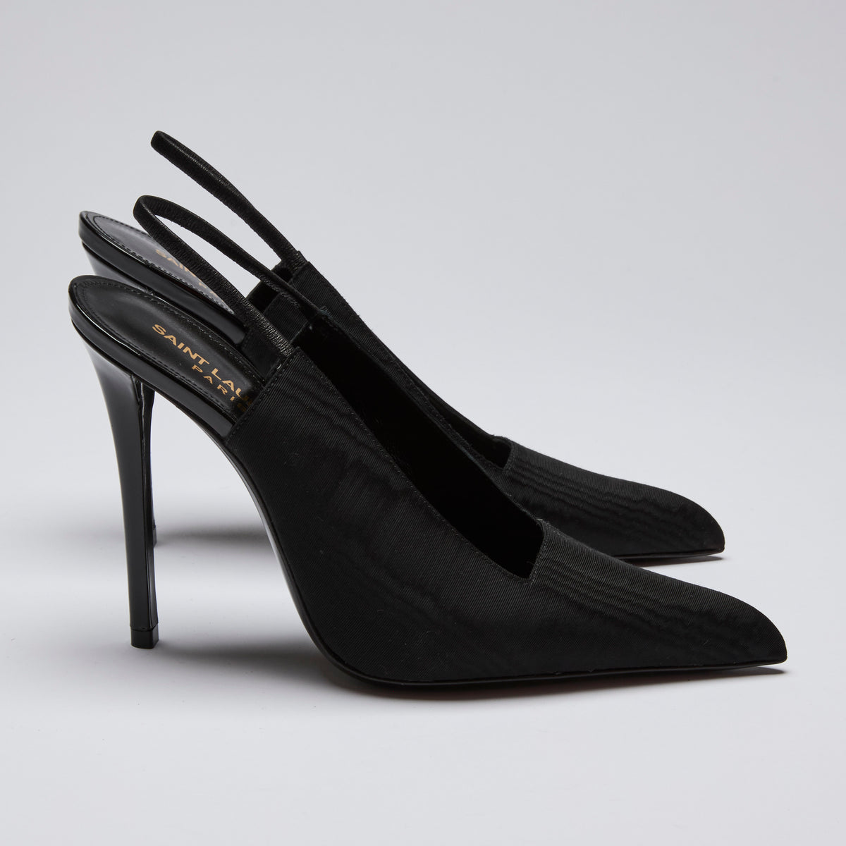 Excellent Pre-Loved Black Fabric Point Toe Sling Back Heels with Square Cut Out. (side)