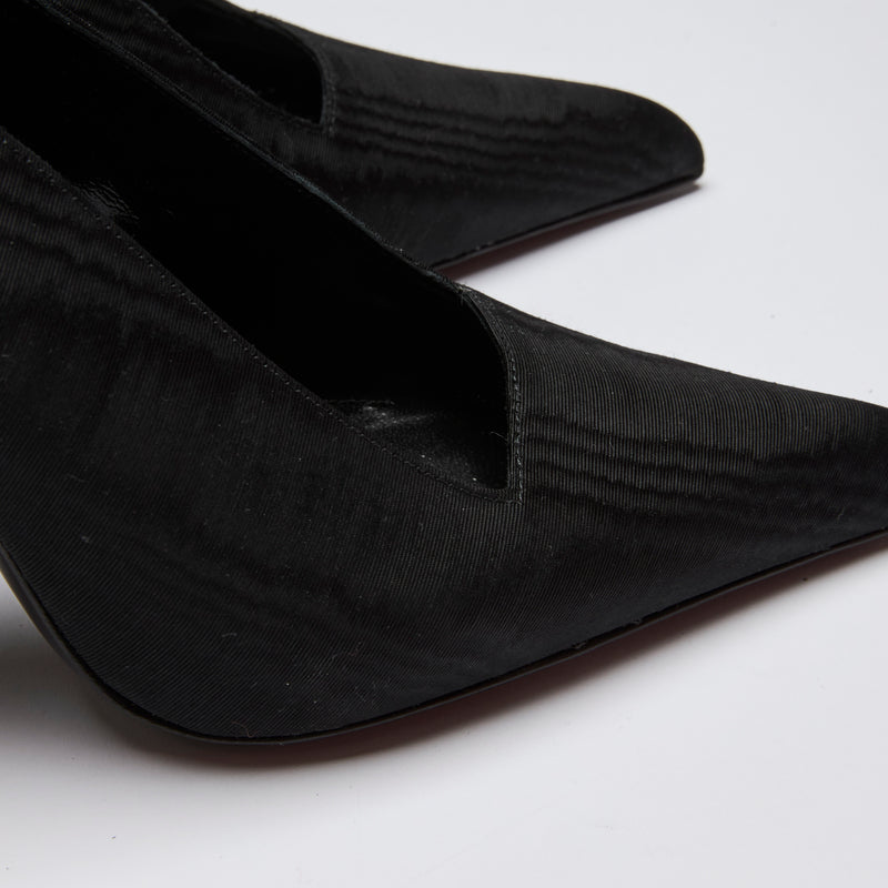 Excellent Pre-Loved Black Fabric Point Toe Sling Back Heels with Square Cut Out.(details)
