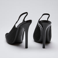 Excellent Pre-Loved Black Fabric Point Toe Sling Back Heels with Square Cut Out. (back)