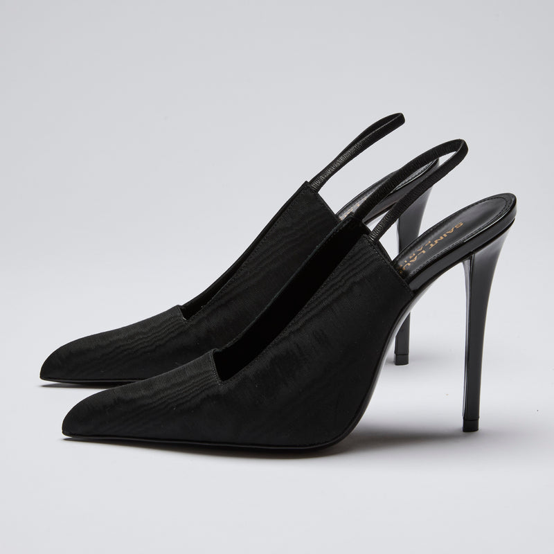 Excellent Pre-Loved Black Fabric Point Toe Sling Back Heels with Square Cut Out.(side)