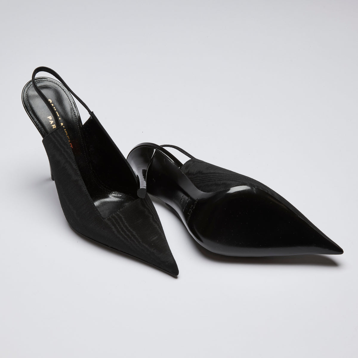 Excellent Pre-Loved Black Fabric Point Toe Sling Back Heels with Square Cut Out. (bottom)