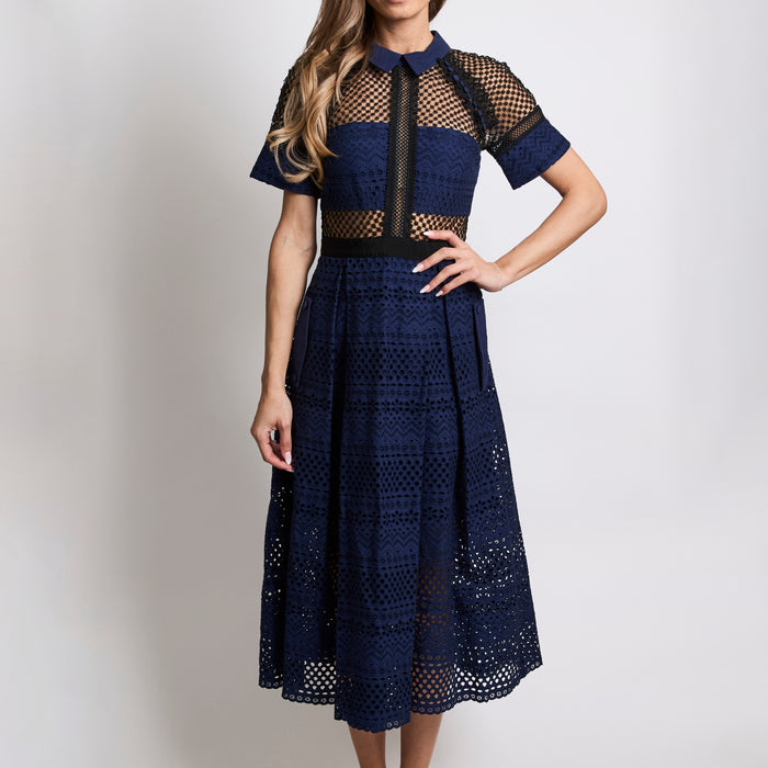 Self-Portrait Blue/Black Long Lace Dress with Cut-Out Detail