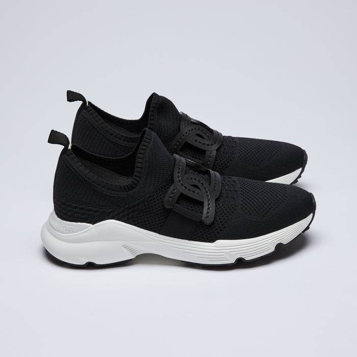 Excellent Pre-Loved Black Mesh Slip On Sneakers with White Rubber Soles and Black Leather Detail.(side)