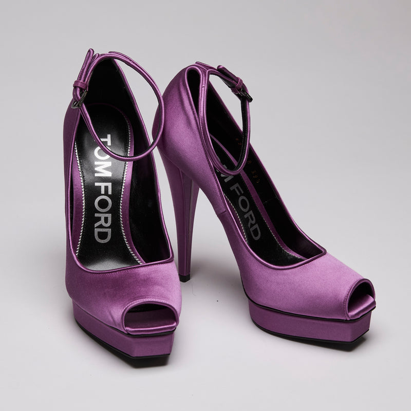 Tom Ford Satin Peep-Toe Platform Pumps Purple Size 39.5