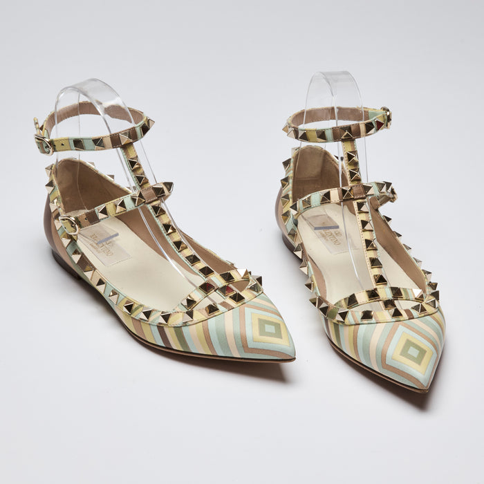 Pre-Loved Pastel Multicolor Pattern Studded T-Strap Point Toe Flats.  (front)