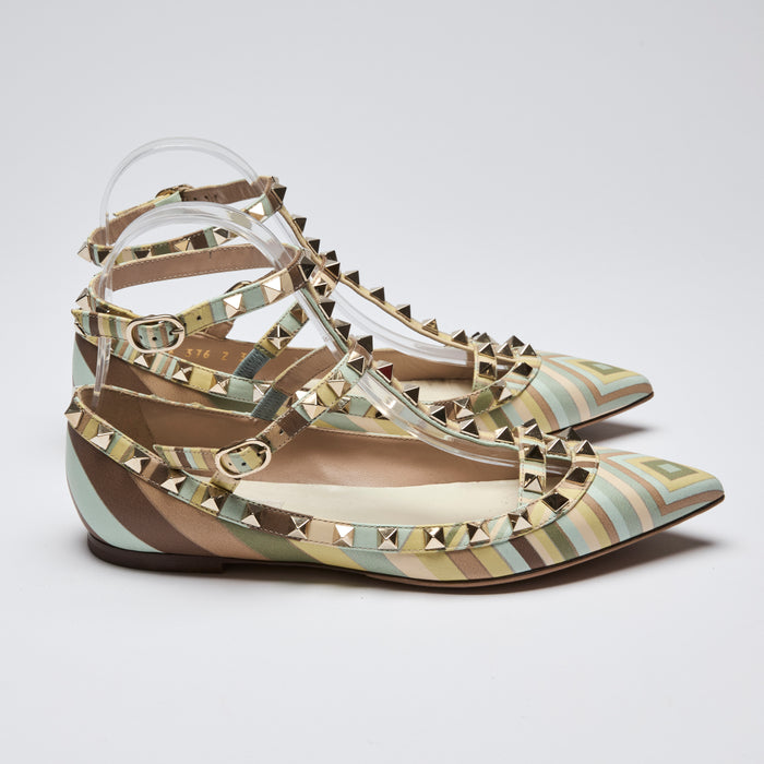 Pre-Loved Pastel Multicolor Pattern Studded T-Strap Point Toe Flats.  (side)