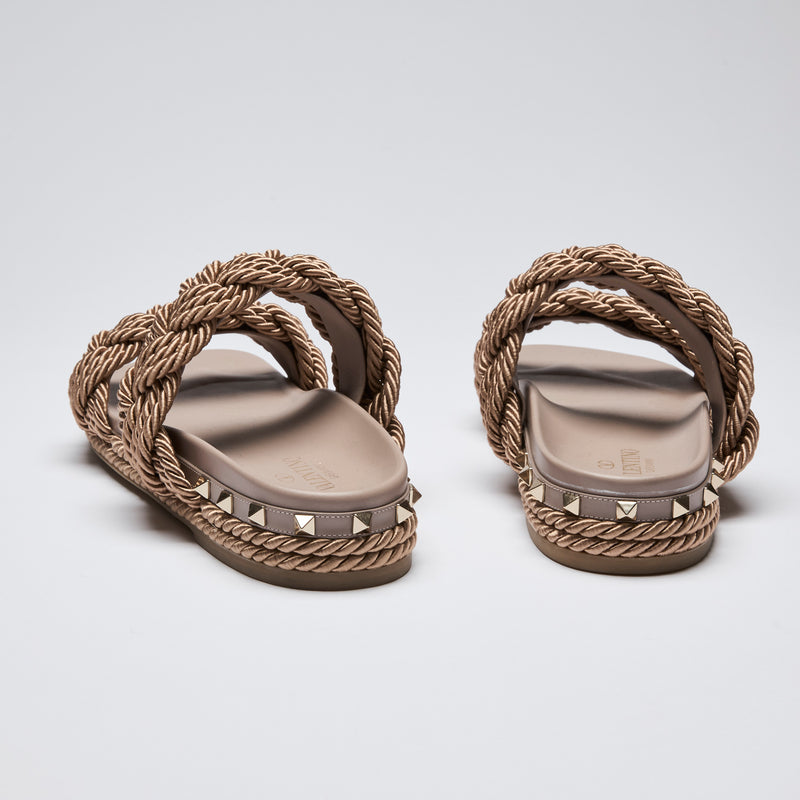 Excellent Pre-Loved Taupe Slides with Rose Gold Tone Braided Straps and Trim. (back)