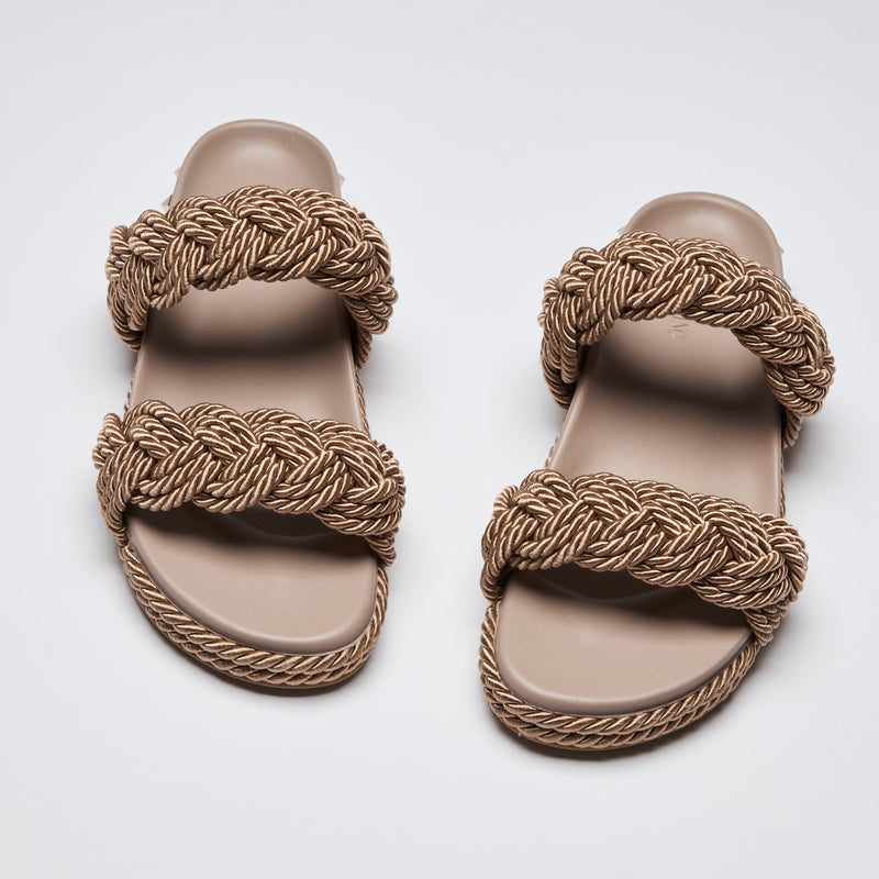 Excellent Pre-Loved Taupe Slides with Rose Gold Tone Braided Straps and Trim.  (top)