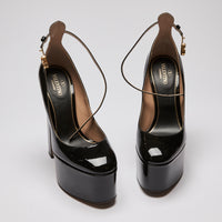 Excellent Pre-Loved Black Patent Leather Platform Pumps with Ankle Straps. (front)