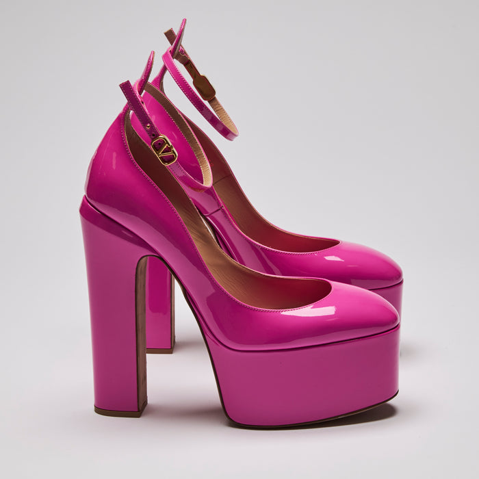 Excellent Pre-Loved Neon Pink Patent Leather Platform Heels with Ankle Straps.(side)