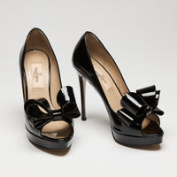 Valentino Patent Leather Peep-Toe Pumps with Bow Detail, Size 35.5