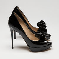 Valentino Patent Leather Peep-Toe Pumps with Bow Detail, Size 35.5