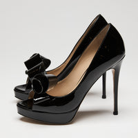 Valentino Patent Leather Peep-Toe Pumps with Bow Detail, Size 35.5