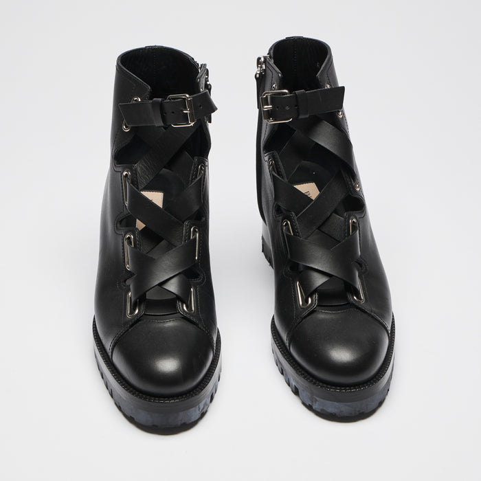 Excellent Pre-Loved Black Leather Lace Up Ankle Boots with Silver Tone Hardware and Inside Zip. (front)