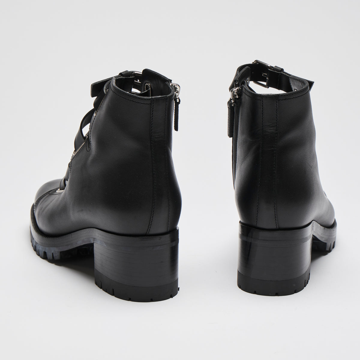 Excellent Pre-Loved Black Leather Lace Up Ankle Boots with Silver Tone Hardware and Inside Zip.(back)
