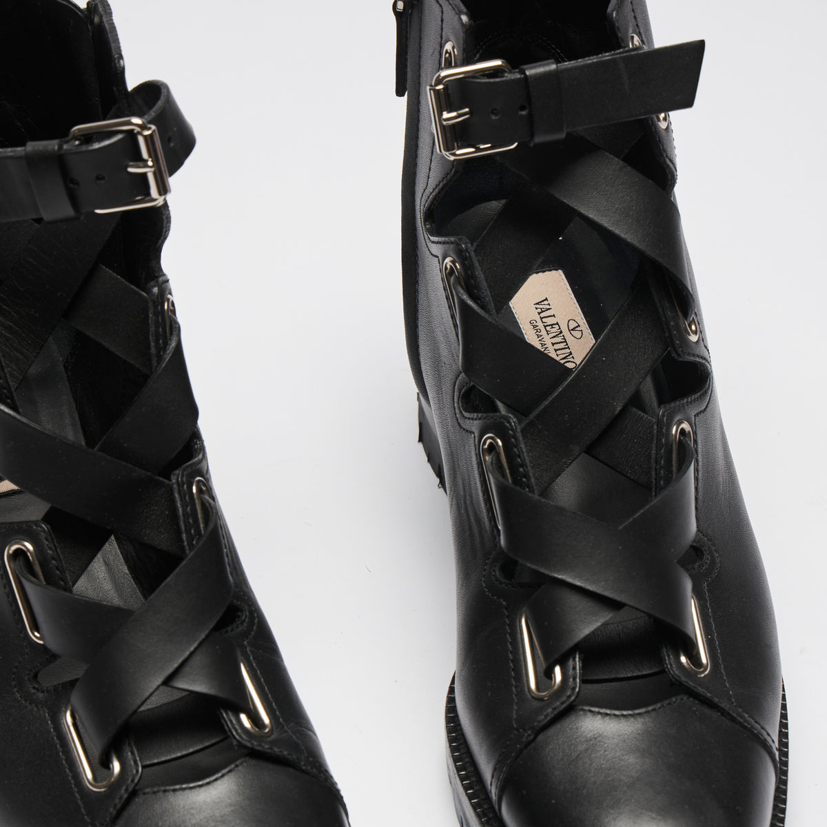 Excellent Pre-Loved Black Leather Lace Up Ankle Boots with Silver Tone Hardware and Inside Zip.(details)
