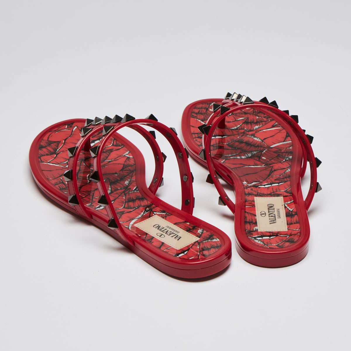 Pre-Loved Red Jelly Dark Silver Tone Studded Thong Sandals.(back)