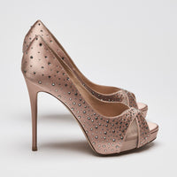 Valentino Dusty Pink Satin Peep Toe Pumps with Crystal Embellishments Size 38.5