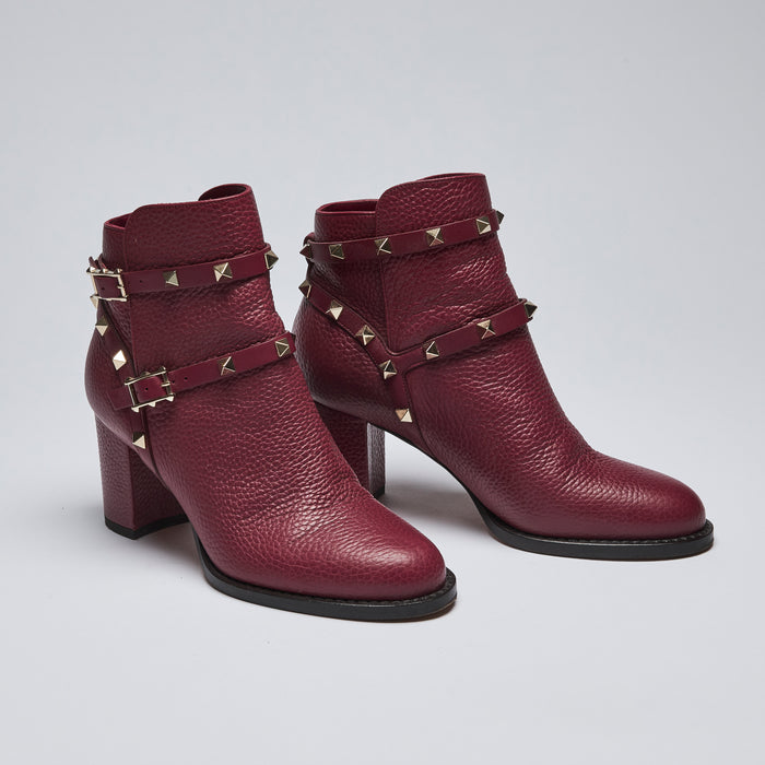 Pre-Loved Burgundy Grained Leather Ankle Boots with Studded Ankle Straps.(Front)