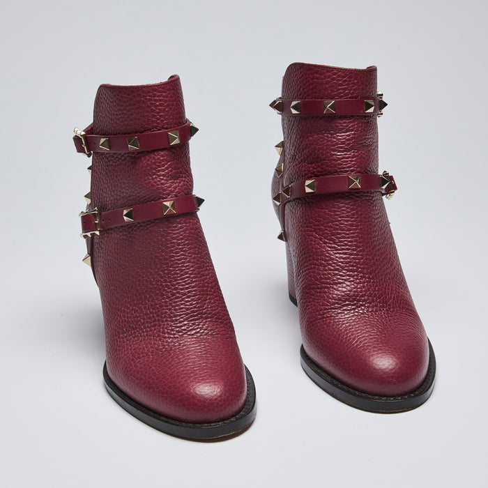 Pre-Loved Burgundy Grained Leather Ankle Boots with Studded Ankle Straps.(front)