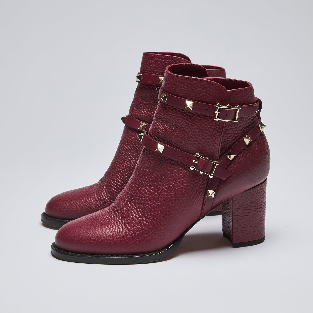 Pre-Loved Burgundy Grained Leather Ankle Boots with Studded Ankle Straps.(side)