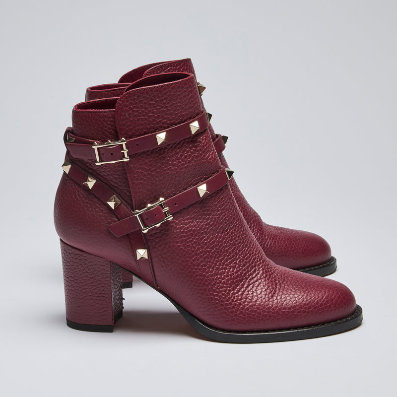 Pre-Loved Burgundy Grained Leather Ankle Boots with Studded Ankle Straps. (side)