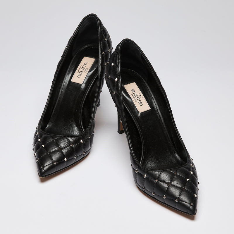 Valentino Black Quilted Leather Rock Studded Point Toe Heels Size 39