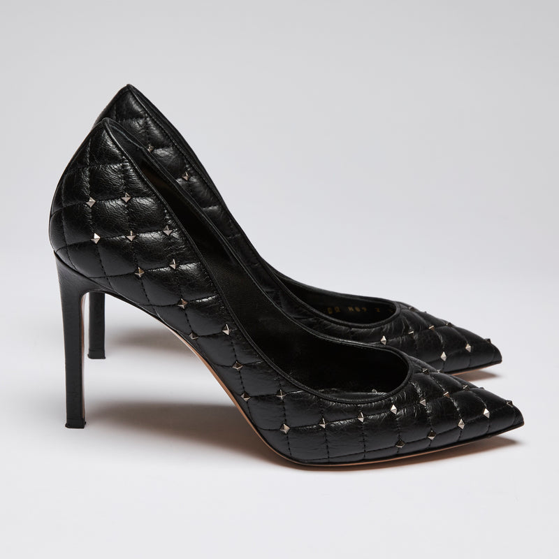 Valentino Black Quilted Leather Rock Studded Point Toe Heels Size 39