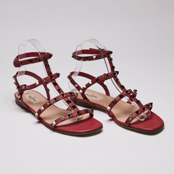 Valentino Calfskin Nappa Rockstud Ankle Wrap Flat  Sandals Rouge Size 37