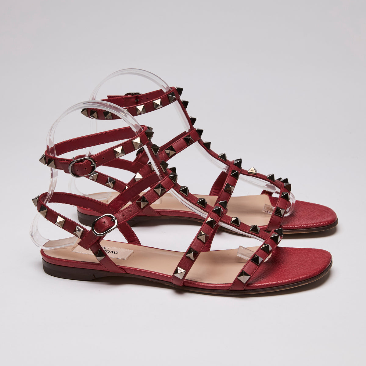 Valentino Calfskin Nappa Rockstud Ankle Wrap Flat  Sandals Rouge Size 37