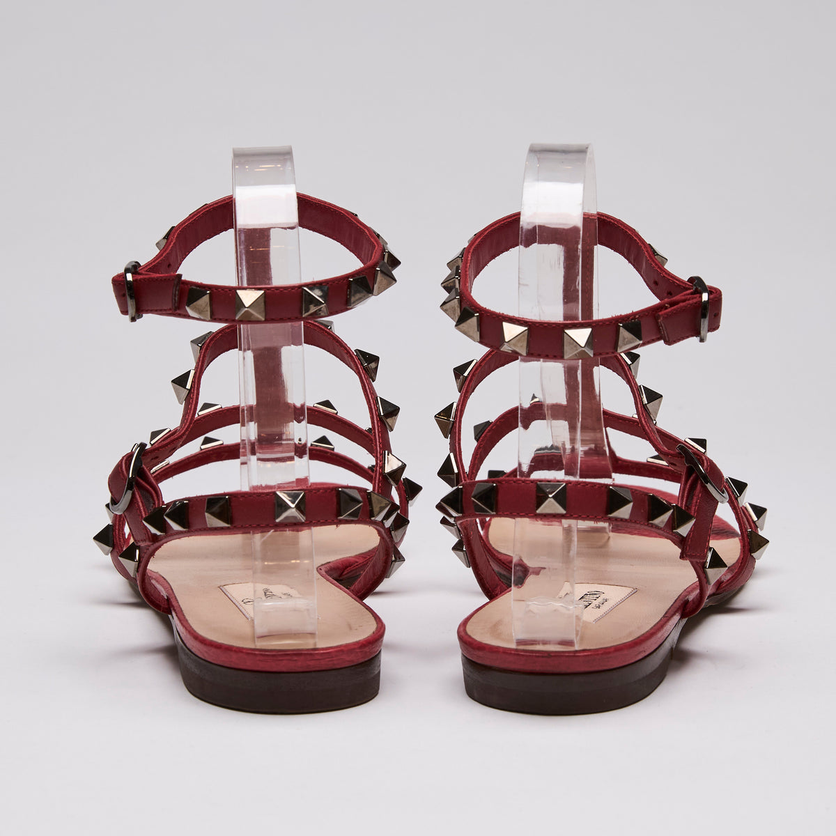 Valentino Calfskin Nappa Rockstud Ankle Wrap Flat  Sandals Rouge Size 37