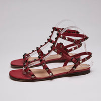 Valentino Calfskin Nappa Rockstud Ankle Wrap Flat  Sandals Rouge Size 37