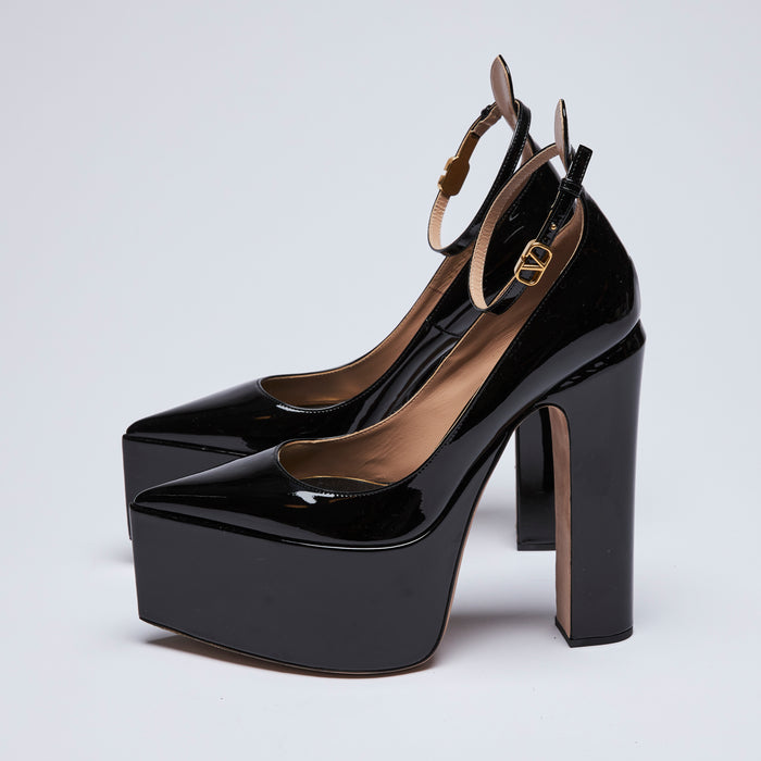 Excellent Pre-Loved Black Patent Leather Point Toe Platform Pumps with Chunky Heel and Ankle Strap. (side)