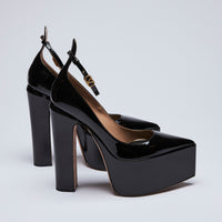 Excellent Pre-Loved Black Patent Leather Point Toe Platform Pumps with Chunky Heel and Ankle Strap.  (side)