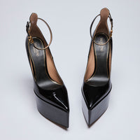 Excellent Pre-Loved Black Patent Leather Point Toe Platform Pumps with Chunky Heel and Ankle Strap. (top)