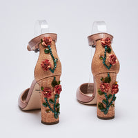 Excellent Pre-Loved Nude Textured Leather Floral Embroidered Round Toe Heels.(back)