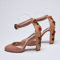 Excellent Pre-Loved Nude Textured Leather Floral Embroidered Round Toe Heels.(side)