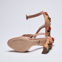 Excellent Pre-Loved Nude Textured Leather Floral Embroidered Round Toe Heels. (bottom)