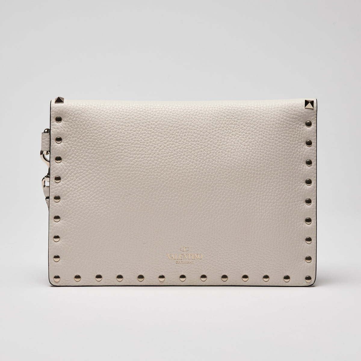 Valentino Garavani Pebbled Calfskin Large Rockstud Envelope Clutch Cream (Back)