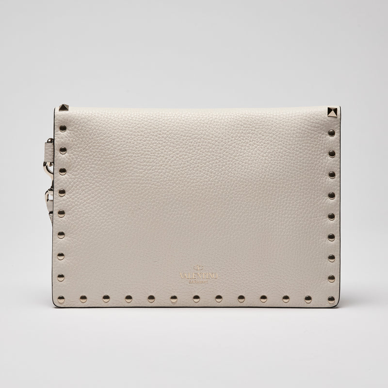 Valentino Garavani Pebbled Calfskin Large Rockstud Envelope Clutch Cream (Back)