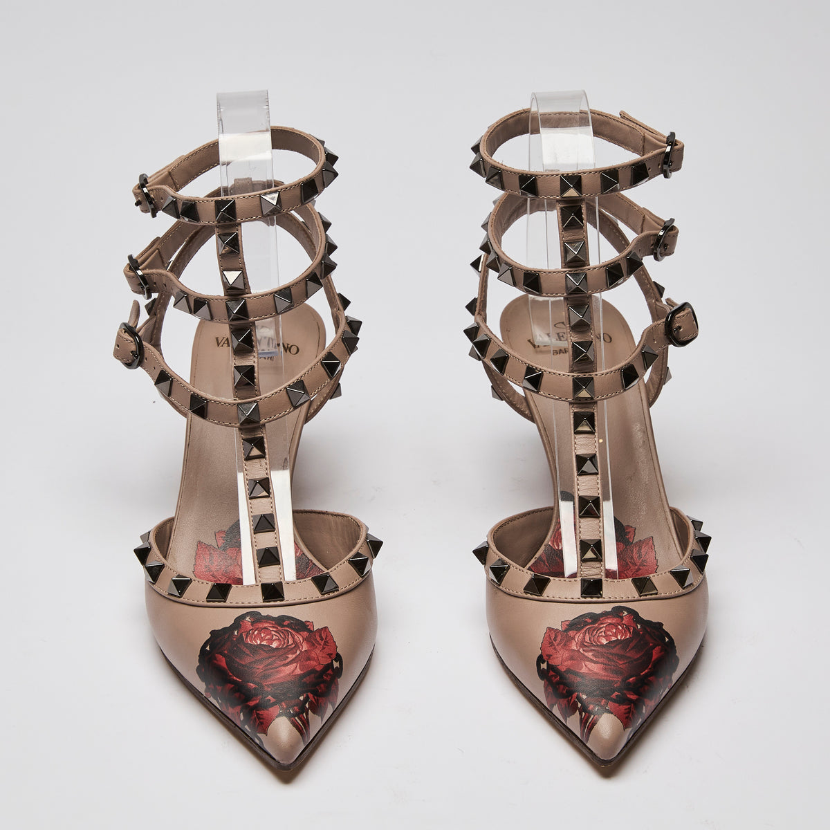 Valentino Beige Leather Rockstud Caged Kitten Heels with Rose Motif (front)