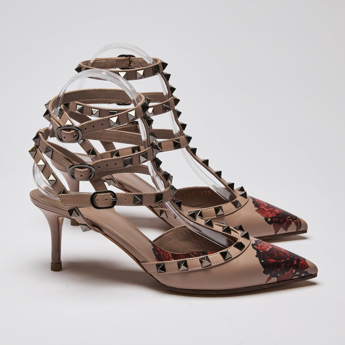 Valentino Beige Leather Rockstud Caged Kitten Heels with Rose Motif (side)