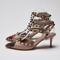 Valentino Beige Leather Rockstud Caged Kitten Heels with Rose Motif (side)